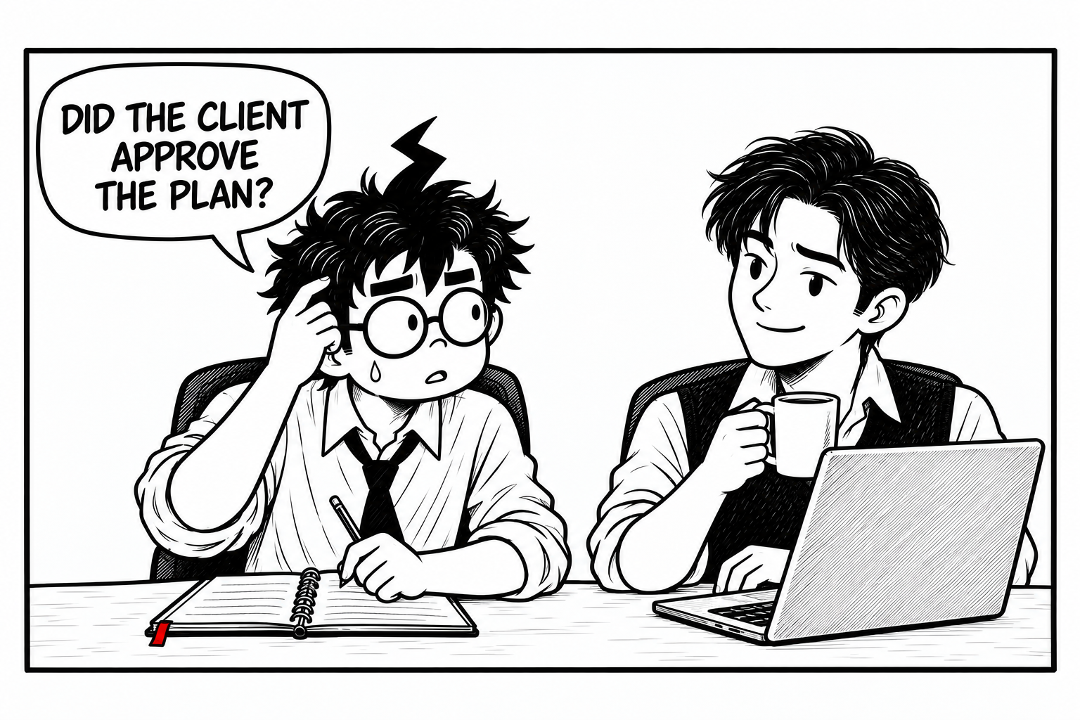 Mr Overloaded searches his notebook and asks, ‘Did the client approve the plan?’ His young colleague, Mr G.O.A.Ted, listens calmly with a coffee beside his laptop.