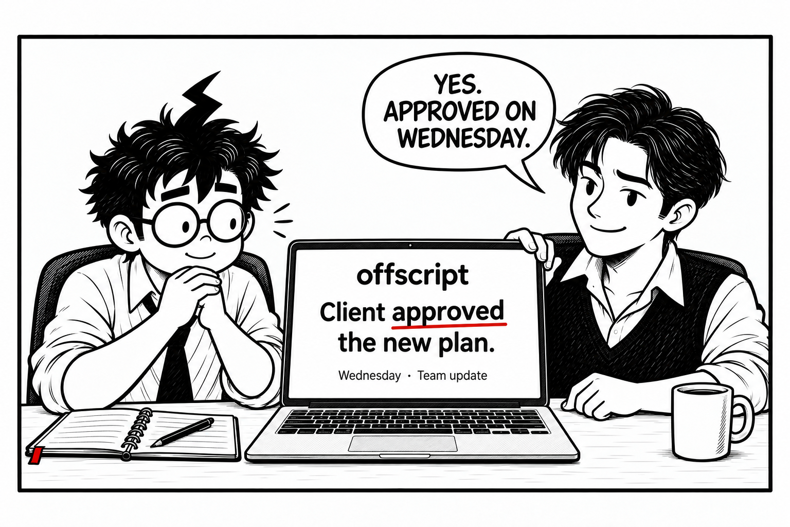 Mr G.O.A.Ted says, ‘Yes. Approved on Wednesday.’ He turns his laptop to show Offscript on-screen: ‘Client approved the new plan. Wednesday · Team update.’ Mr Overloaded looks relieved.