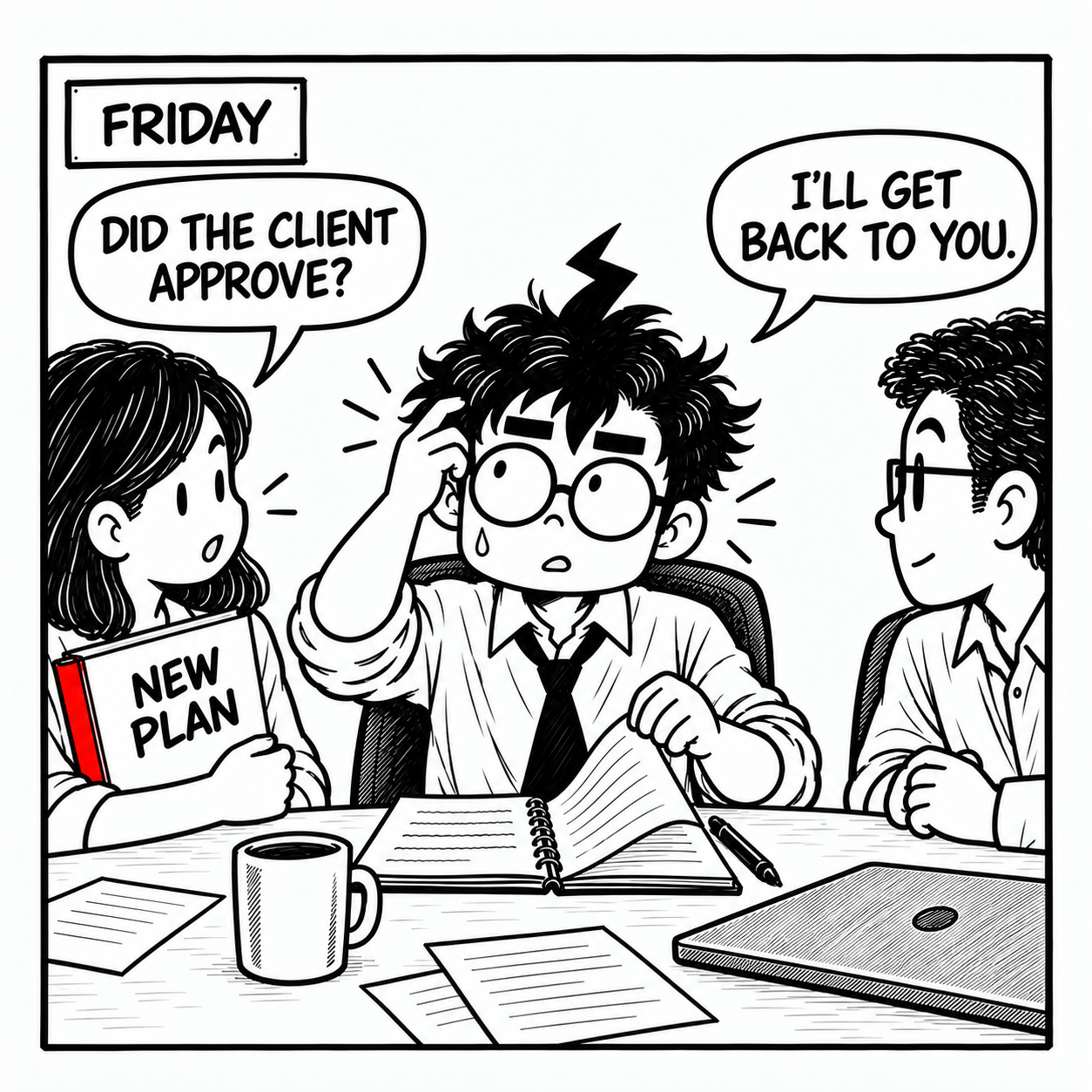 Friday: a teammate holding the same red-edged New Plan folder asks, ‘Did the client approve?’ Mr Overloaded searches his notes and replies, ‘I’ll get back to you.’