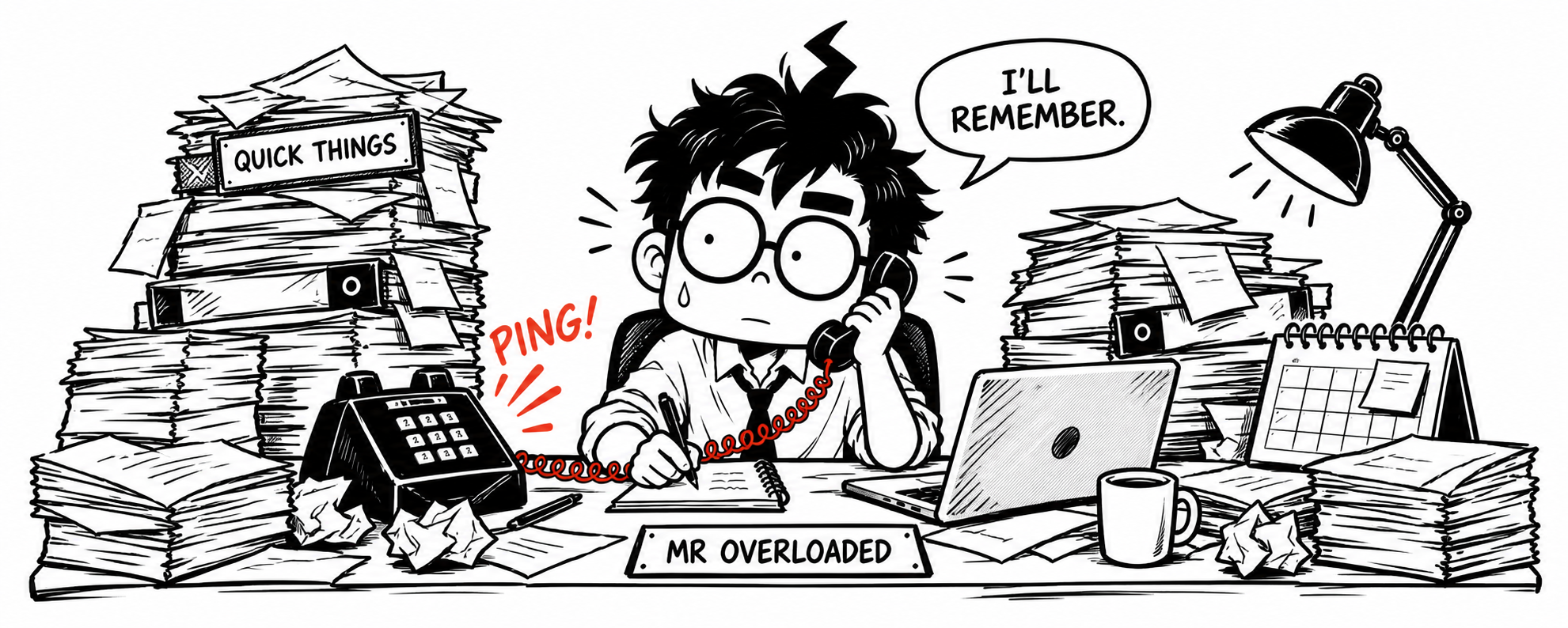 Mr Overloaded, a cartoon manager with glasses, handles a call behind a crowded tabletop. He says, ‘I’ll remember.’ Complete stacks of files surround him, his quick-things tray is overflowing, and the phone keeps ringing.