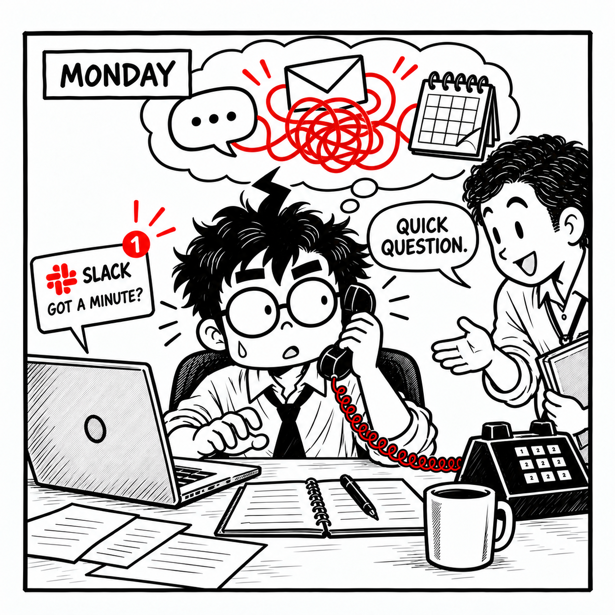 Monday: Mr Overloaded handles a phone call, a Slack message asking ‘Got a minute?’ and a colleague’s ‘Quick question.’ Chat, email and calendar icons tangle in a red ribbon above him.
