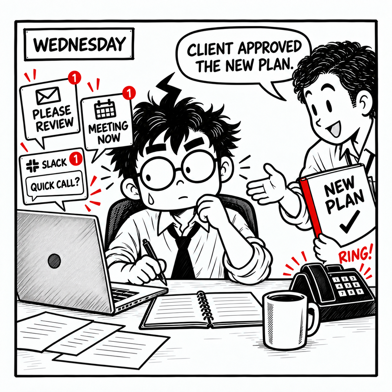 Wednesday: a colleague says, ‘Client approved the new plan,’ while Slack, email, a meeting reminder and a ringing phone compete for Mr Overloaded’s attention.