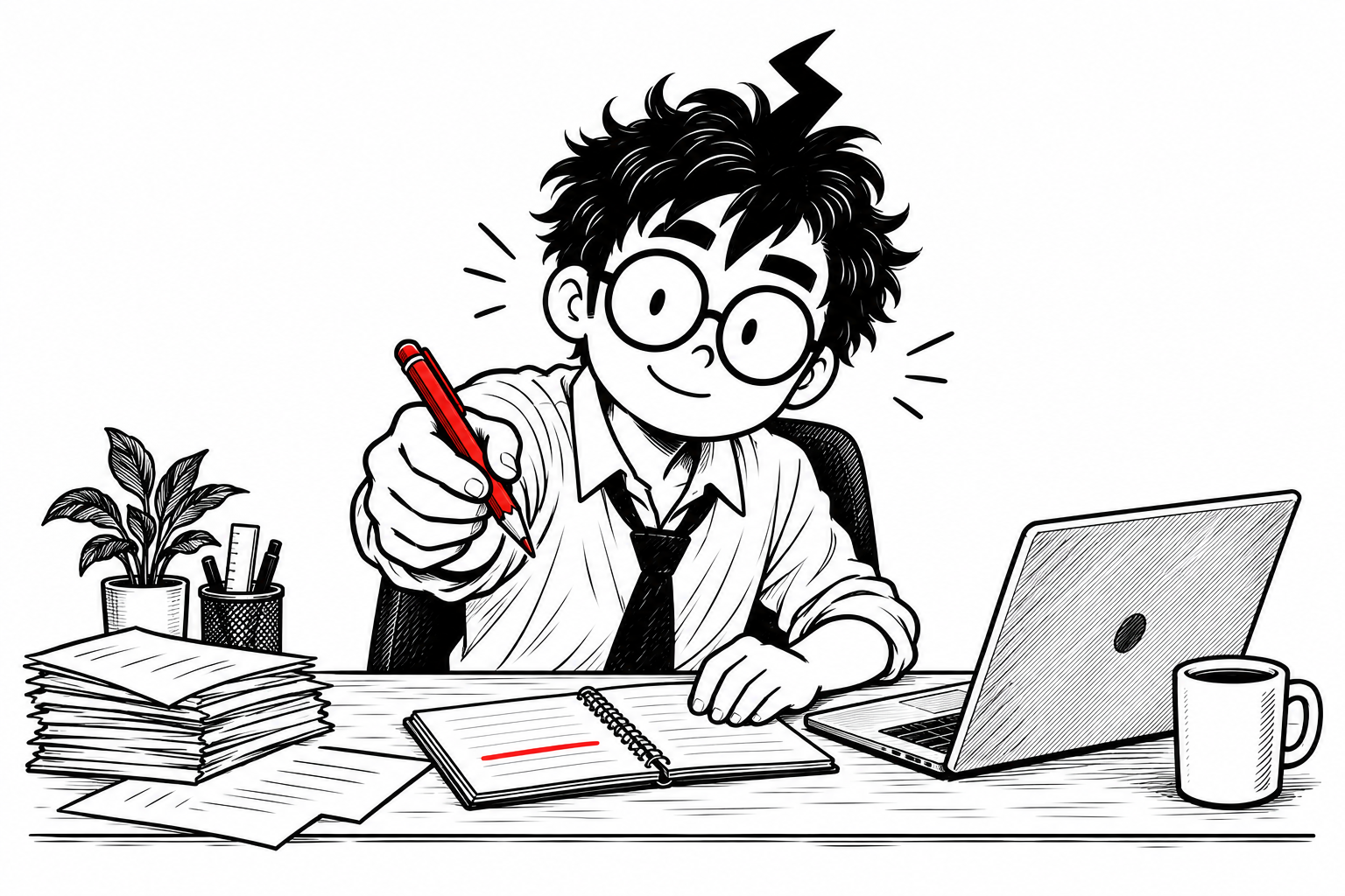 Mr Overloaded looks up from his work and offers you a red pencil. His notebook, laptop, and papers are still on the desk, with a little room to begin.